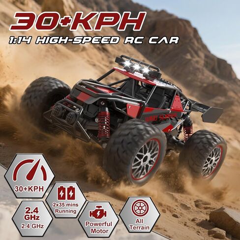 High Speed 30+KM/H Remote Control Car, 1:14 RC Cars for Boys Age 8-12, 2.4 GHz All Terrain RC Truck, Ideal Gifts Off-Road RC Car for Adults Kids with 2 Rechargeable Batteries in Kuwait