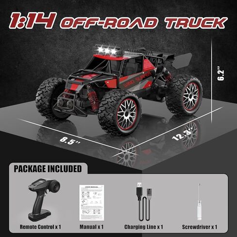 High Speed 30+KM/H Remote Control Car, 1:14 RC Cars for Boys Age 8-12, 2.4 GHz All Terrain RC Truck, Ideal Gifts Off-Road RC Car for Adults Kids with 2 Rechargeable Batteries in Kuwait