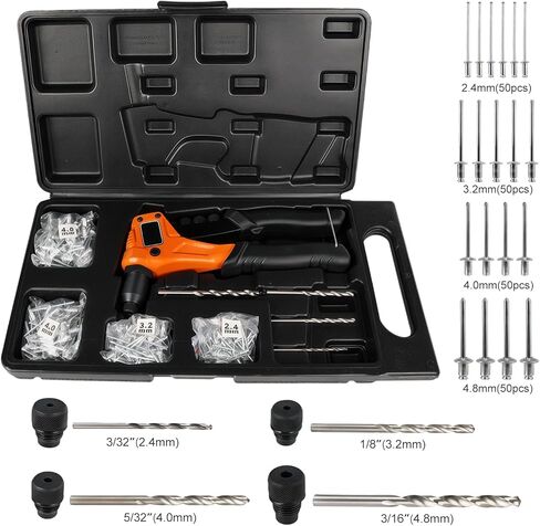Rivet Gun Kit, 4-in-1 Pop Rivet Gun Kit for Metal, Single Hand Riveter, with 200 Blind Rivet (3/32'' 1/8'' 5/32'' 3/16''), Include 4 Toolless Rivet Heads & 4 Drill Bits, Carrying Case in Kuwait