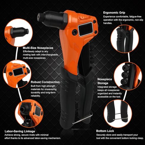 Rivet Gun Kit, 4-in-1 Pop Rivet Gun Kit for Metal, Single Hand Riveter, with 200 Blind Rivet (3/32'' 1/8'' 5/32'' 3/16''), Include 4 Toolless Rivet Heads & 4 Drill Bits, Carrying Case in Kuwait
