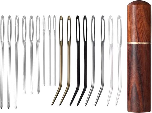 17pcs Large Eye Sewing Needles Kit, Include Curved Tapestry Needle & Straight Blunt Needle Sharp Large-Eye Hand Knitting Needles with Wooden Case for Crochet Projects in Kuwait