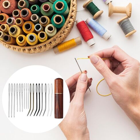 17pcs Large Eye Sewing Needles Kit, Include Curved Tapestry Needle & Straight Blunt Needle Sharp Large-Eye Hand Knitting Needles with Wooden Case for Crochet Projects in Kuwait
