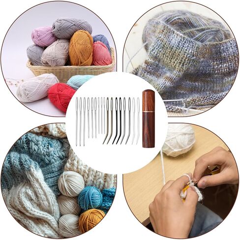 17pcs Large Eye Sewing Needles Kit, Include Curved Tapestry Needle & Straight Blunt Needle Sharp Large-Eye Hand Knitting Needles with Wooden Case for Crochet Projects in Kuwait