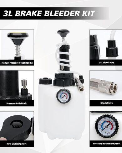 Brake Bleeder Kit with 3L Pressure Pump, 1L Catch Bottle, Fluid Dropper, Manual Brake Fluid Bleeder with Upgraded Adapters (43.5/45/49.5/50.7mm) for Master Cylinders, One-Person Use in Kuwait