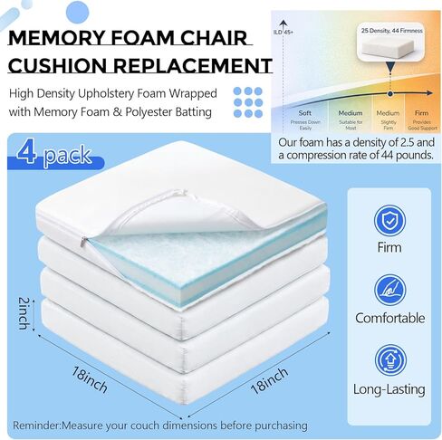 SiliFine 4 Pcs Memory Foam Chair Replacement, 5 Layer High Density Upholstery Foam Chair Memory Foams Cushion, 18"x18"x2" Square Foams with Removable Cover, DIY Cut for Chairs in Kuwait