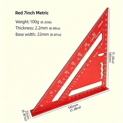 7 Inch Aluminum Triangle Square Ruler, 90 Degree Carpenter Angle Tool, Red Inch Measuring Layout Ruler, Thickened Precision Straight Edge, Woodworking Square for DIY Craft and Furniture Work in Kuwait