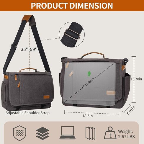 ESTARER Men Messenger Bag 17-17.3 Inch Laptop Bag Water-resistant Canvas Computer Shoulder Bag Briefcase for Work College Travel, Grey in Kuwait