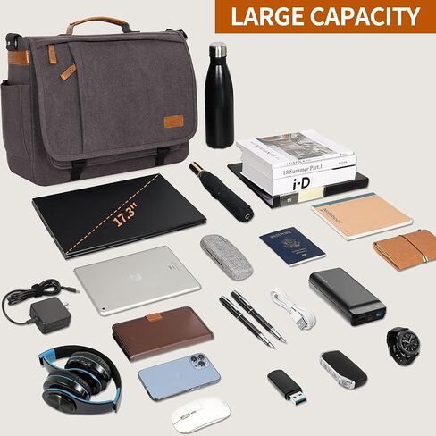 ESTARER Men Messenger Bag 17-17.3 Inch Laptop Bag Water-resistant Canvas Computer Shoulder Bag Briefcase for Work College Travel, Grey in Kuwait