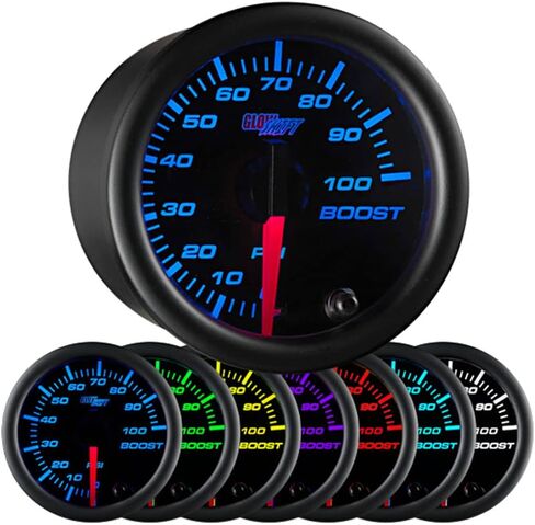 مجموعة قياس GlowShift Black 7 Color 100 PSI Turbo Boost - تتضمن خرطوم ميكانيكي وتركيبات - قرص أسود - عدسة شفافة - لشاحنات الديزل - 2-1/16 بوصة 52 مم in Kuwait