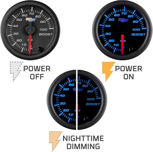 مجموعة قياس GlowShift Black 7 Color 100 PSI Turbo Boost - تتضمن خرطوم ميكانيكي وتركيبات - قرص أسود - عدسة شفافة - لشاحنات الديزل - 2-1/16 بوصة 52 مم in Kuwait