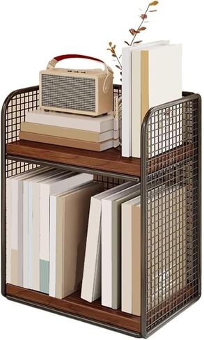 Bookcase Double Layer Iron Desk Storage Organizer, Home Bookshelf Display Rack Modern in Kuwait