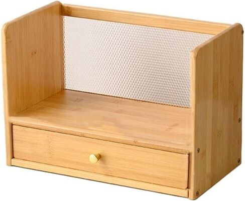 Bookcase Desktop Bamboo Bookshelf with Diamond Pattern Acrylic Back Panel and Drawer Storag Rack Modern in Kuwait