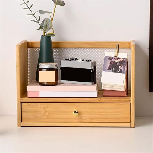Bookcase Desktop Bamboo Bookshelf with Diamond Pattern Acrylic Back Panel and Drawer Storag Rack Modern in Kuwait