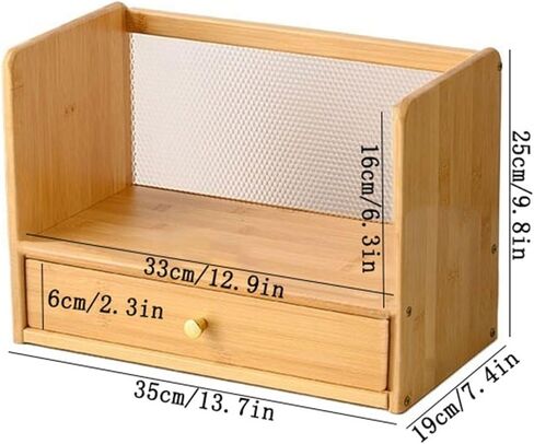 Bookcase Desktop Bamboo Bookshelf with Diamond Pattern Acrylic Back Panel and Drawer Storag Rack Modern in Kuwait