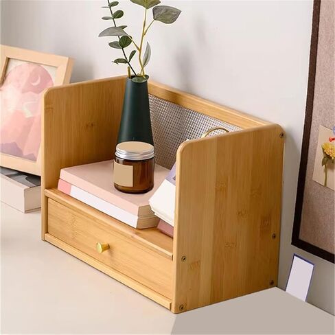 Bookcase Desktop Bamboo Bookshelf with Diamond Pattern Acrylic Back Panel and Drawer Storag Rack Modern in Kuwait
