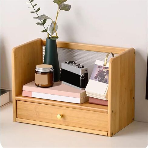 Bookcase Desktop Bamboo Bookshelf with Diamond Pattern Acrylic Back Panel and Drawer Storag Rack Modern in Kuwait