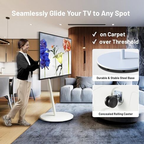 WALL Seven Stand A2 Grand | Rolling TV Stand for 45–80" w/ 37.4" Soundbar Shelf | Satin White | Portable TV Stand with Shelf | Height Adjustable, Space Saving, for Living Room, Bedroom and Office in Kuwait