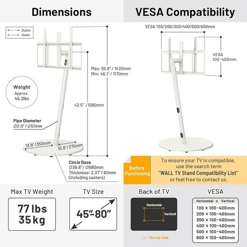 WALL Seven Stand A2 Grand | Rolling TV Stand for 45–80" w/ 37.4" Soundbar Shelf | Satin White | Portable TV Stand with Shelf | Height Adjustable, Space Saving, for Living Room, Bedroom and Office in Kuwait