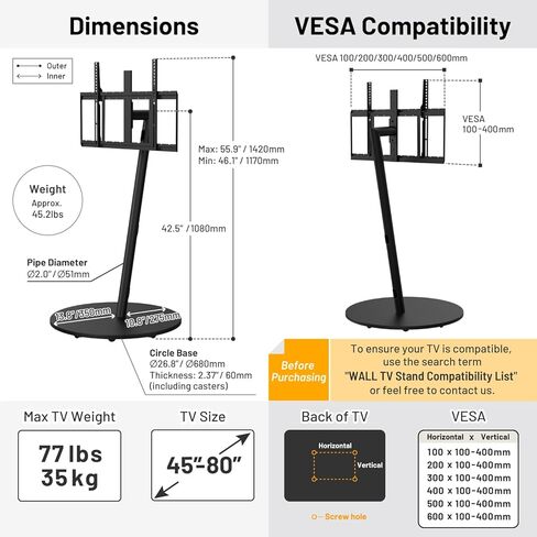 WALL Seven Stand A2 Grand | Rolling TV Stand for 45–80" w/ 37.4" Soundbar Shelf | Satin Black | Portable TV Stand with Shelf | Height Adjustable, Space Saving, for Living Room, Bedroom and Office in Kuwait