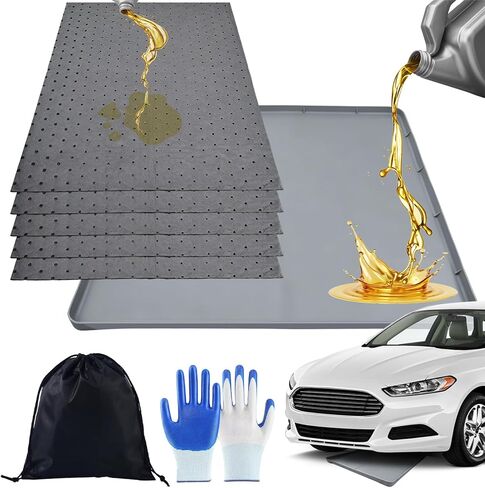 8 Pcs Oil Drip Pan For Under Car Set,With Raised Edge,and 5 Large Oil Absorbent Pads, Storage Pouch & Gloves, Waterproof No Splatter Reusable Oil Tray,27 X 27 In Oil Spill Mat For Garage Floor in Kuwait