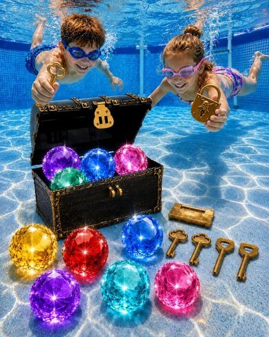 60mm Extra Large Diving Gem Pool Toys with Treasure Chest, 10 Pcs Colorful Acrylic Diamond Gems, 2 Ways to Unlock Pirate Treasure Dive Toys for Kids Ages 4-10, Summer Pool Party Favors in Kuwait