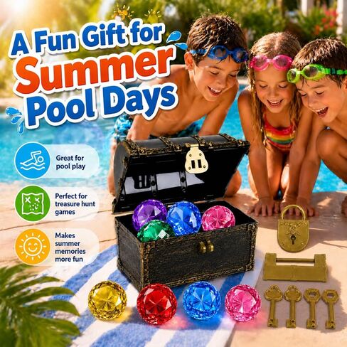 60mm Extra Large Diving Gem Pool Toys with Treasure Chest, 10 Pcs Colorful Acrylic Diamond Gems, 2 Ways to Unlock Pirate Treasure Dive Toys for Kids Ages 4-10, Summer Pool Party Favors in Kuwait