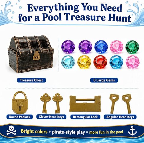 60mm Extra Large Diving Gem Pool Toys with Treasure Chest, 10 Pcs Colorful Acrylic Diamond Gems, 2 Ways to Unlock Pirate Treasure Dive Toys for Kids Ages 4-10, Summer Pool Party Favors in Kuwait