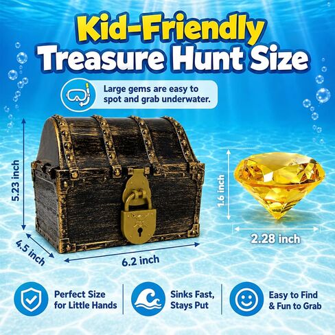 60mm Extra Large Diving Gem Pool Toys with Treasure Chest, 10 Pcs Colorful Acrylic Diamond Gems, 2 Ways to Unlock Pirate Treasure Dive Toys for Kids Ages 4-10, Summer Pool Party Favors in Kuwait