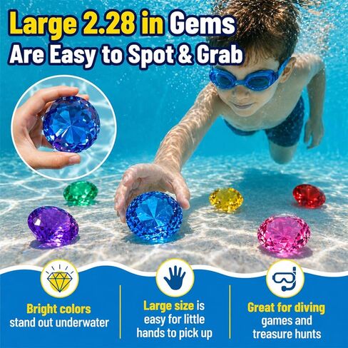 60mm Extra Large Diving Gem Pool Toys with Treasure Chest, 10 Pcs Colorful Acrylic Diamond Gems, 2 Ways to Unlock Pirate Treasure Dive Toys for Kids Ages 4-10, Summer Pool Party Favors in Kuwait