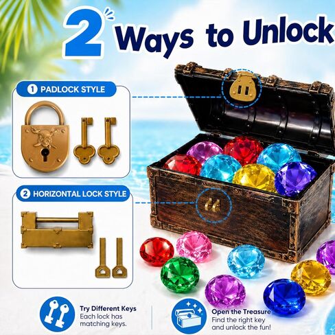 60mm Extra Large Diving Gem Pool Toys with Treasure Chest, 10 Pcs Colorful Acrylic Diamond Gems, 2 Ways to Unlock Pirate Treasure Dive Toys for Kids Ages 4-10, Summer Pool Party Favors in Kuwait
