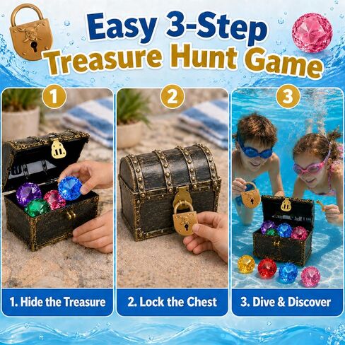 60mm Extra Large Diving Gem Pool Toys with Treasure Chest, 10 Pcs Colorful Acrylic Diamond Gems, 2 Ways to Unlock Pirate Treasure Dive Toys for Kids Ages 4-10, Summer Pool Party Favors in Kuwait
