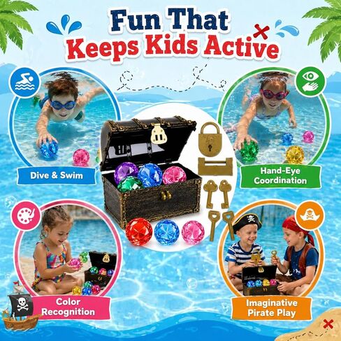 60mm Extra Large Diving Gem Pool Toys with Treasure Chest, 10 Pcs Colorful Acrylic Diamond Gems, 2 Ways to Unlock Pirate Treasure Dive Toys for Kids Ages 4-10, Summer Pool Party Favors in Kuwait