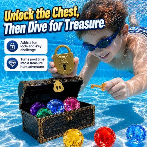 60mm Extra Large Diving Gem Pool Toys with Treasure Chest, 10 Pcs Colorful Acrylic Diamond Gems, 2 Ways to Unlock Pirate Treasure Dive Toys for Kids Ages 4-10, Summer Pool Party Favors in Kuwait