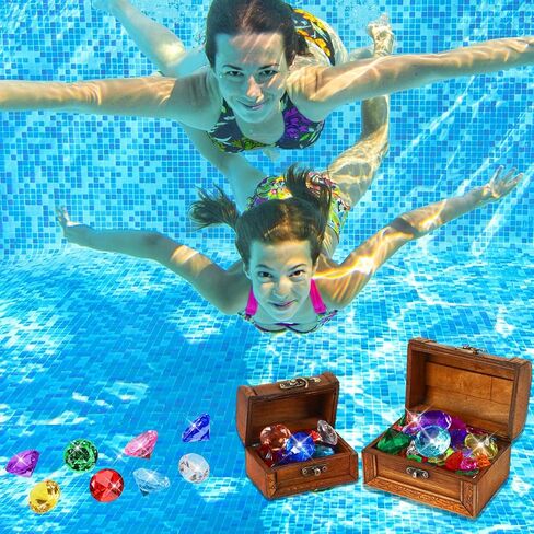 MARFOREVER Diving Gem Pool Toys (Only Box No Gem), 2 Pack Wooden Vintage Pirate Treasure Chest Pool Gem Boxes Vintage Treasures Box Toys for Summer Underwater Pirate Hunt Party Games Favors in Kuwait