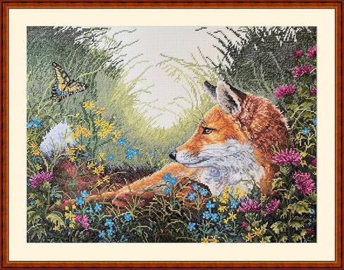 Merejka Cross Stitch Kit – Day Dreaming Fox in Wildflowers K-176 | Zweigart Aida 16 Ecru | 40 DMC Colors | 15×11 in / 38×29 cm in Kuwait