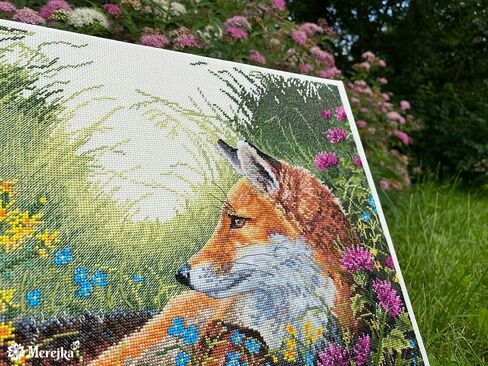 Merejka Cross Stitch Kit – Day Dreaming Fox in Wildflowers K-176 | Zweigart Aida 16 Ecru | 40 DMC Colors | 15×11 in / 38×29 cm in Kuwait
