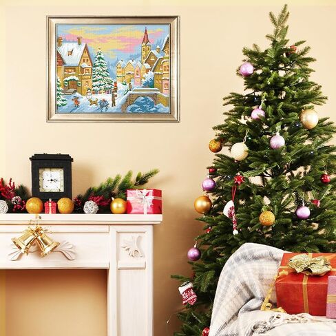 FREEBLOSS 11CT Christmas Stamped Cross Stitch Kit for Adults Beginners with Instructions Christmas Village Cross Stitch Kit Embroidery Wall Art Decoration No Frame 16x20in/40x50cm in Kuwait