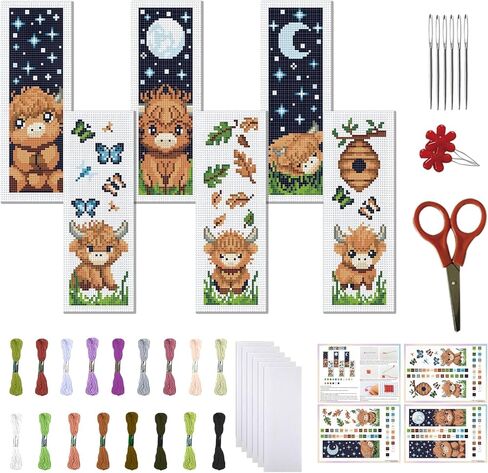 FREEBLOSS 6 Set 11CT Cross Stitch Bookmark Kit Highland Cattle Cartoon Stamped Crossstitch Kits Embroidery Bookmarks with Instructions for Beginner Adult 8"x2.4" in Kuwait