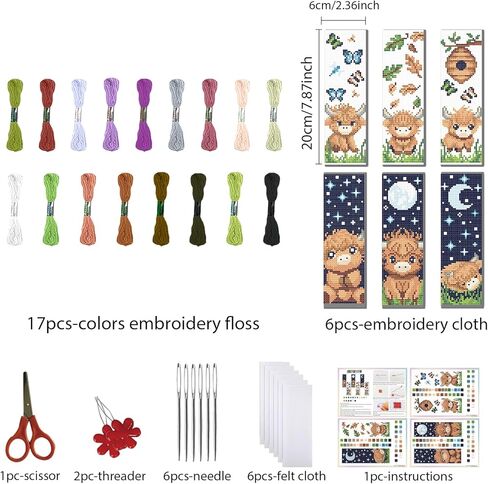 FREEBLOSS 6 Set 11CT Cross Stitch Bookmark Kit Highland Cattle Cartoon Stamped Crossstitch Kits Embroidery Bookmarks with Instructions for Beginner Adult 8"x2.4" in Kuwait