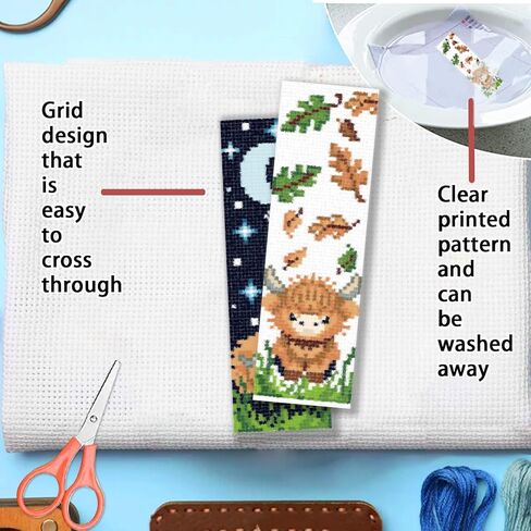 FREEBLOSS 6 Set 11CT Cross Stitch Bookmark Kit Highland Cattle Cartoon Stamped Crossstitch Kits Embroidery Bookmarks with Instructions for Beginner Adult 8"x2.4" in Kuwait