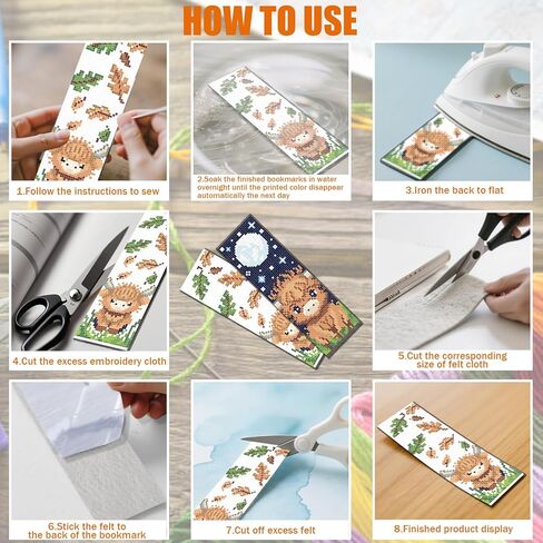 FREEBLOSS 6 Set 11CT Cross Stitch Bookmark Kit Highland Cattle Cartoon Stamped Crossstitch Kits Embroidery Bookmarks with Instructions for Beginner Adult 8"x2.4" in Kuwait