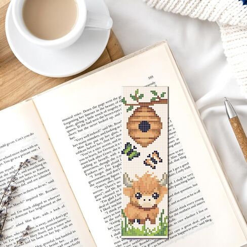 FREEBLOSS 6 Set 11CT Cross Stitch Bookmark Kit Highland Cattle Cartoon Stamped Crossstitch Kits Embroidery Bookmarks with Instructions for Beginner Adult 8"x2.4" in Kuwait