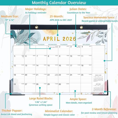 Desk Calendar 2026-2027 – Apr 2026 – Dec 2027, 21 Monthly Desk Calendar, 2026 Large Desk Calendar, 17'' x 12'', 2026-2027 Desk/Wall Calendar with Ruled Blocks, Notes, Desk Pad, 2 Corner Protectors in Kuwait
