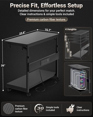 Armocity Computer Tower Stand - PC Stand for Floor with Power Outlets, PC Tower Stand for Carpet, PC Holder Under Desk with Wheels and Hooks, Gaming Console & Computer Cart, Carbon Fiber Black, 24" in Kuwait