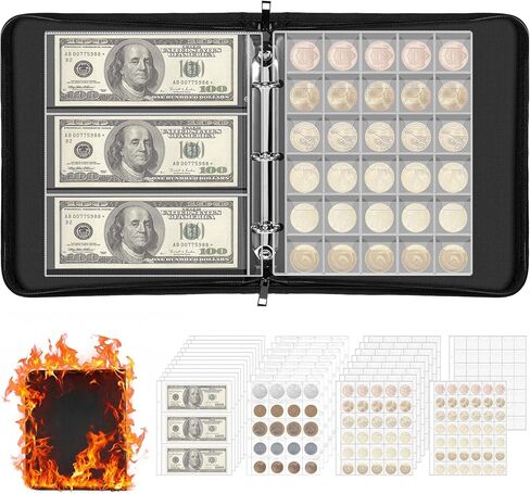 Coin Collection Book Holder for Collectors, Fireproof Coins Collecting Album with Zipper, Including 484 Pockets Coins Collecting Album and 12 Paper Currency Binder Sleeves, Money Saving Coin Collector in Kuwait
