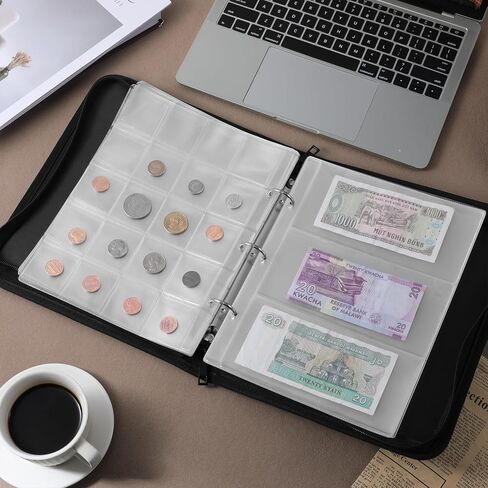 Coin Collection Book Holder for Collectors, Fireproof Coins Collecting Album with Zipper, Including 484 Pockets Coins Collecting Album and 12 Paper Currency Binder Sleeves, Money Saving Coin Collector in Kuwait