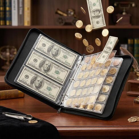 Coin Collection Book Holder for Collectors, Fireproof Coins Collecting Album with Zipper, Including 484 Pockets Coins Collecting Album and 12 Paper Currency Binder Sleeves, Money Saving Coin Collector in Kuwait