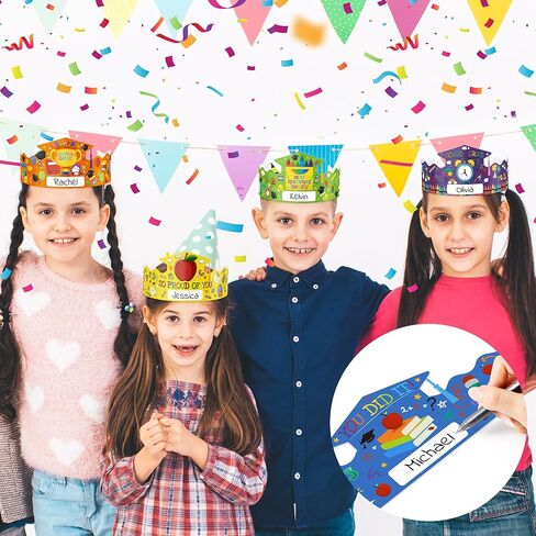 24 قطعة قبعات تاج التخرج الورقية للأطفال قابلة للتعديل اسم القبعات DIY مع سلسلة مرنة رياض الأطفال مرحلة ما قبل المدرسة الابتدائية حفلة التخرج تفضل لوازم الزينة للخريجين، 6 أنماط in Kuwait