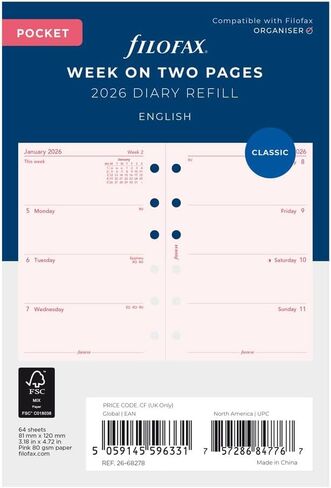 Filofax Calendar Diary Refill, Pocket Size, Week-to-View, Pink Paper, Unruled, English, 2026 (C68278-26) in Kuwait