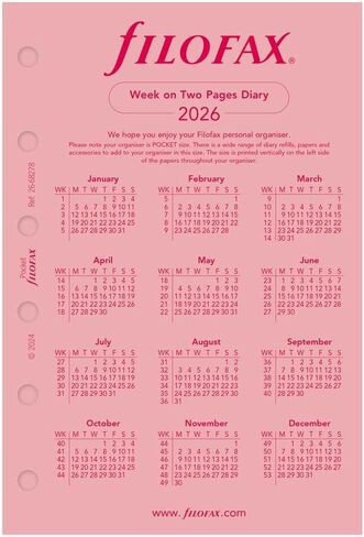 Filofax Calendar Diary Refill, Pocket Size, Week-to-View, Pink Paper, Unruled, English, 2026 (C68278-26) in Kuwait